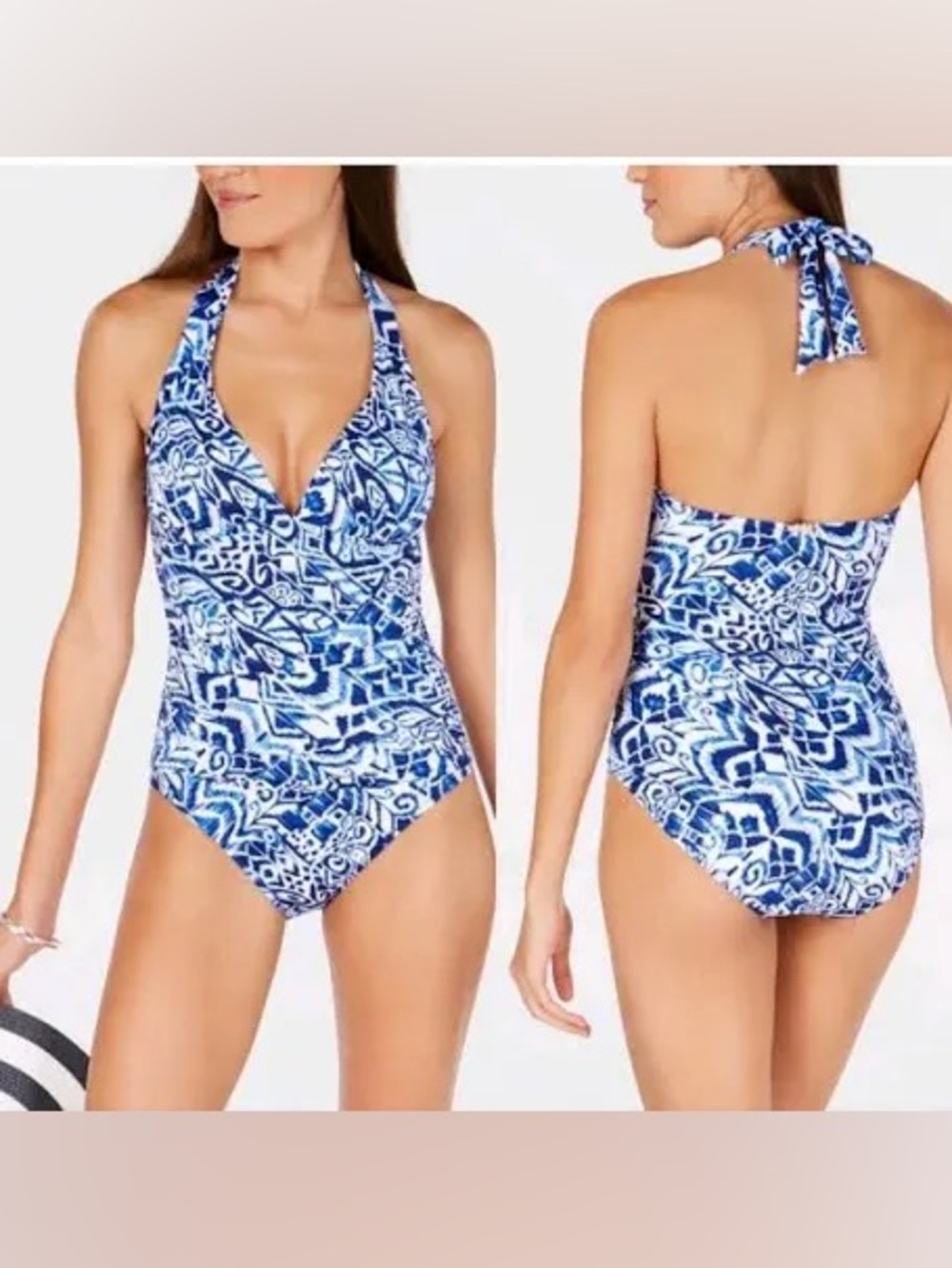 Lauren Ralph Lauren N Bias Ikat Halter Slimming One Piece Swimsuit 8 Blue